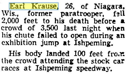Ishpeming Speedway - July 5 1952 Earl Krause Skydiving Accident